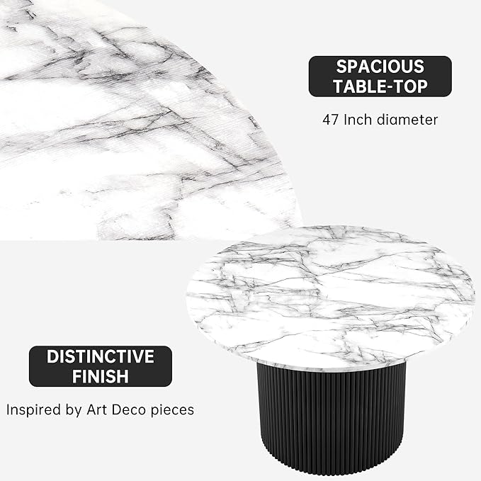 NORDICANA 5-Piece Wooden Round Dining Room Table and Chair Set, 47-Inch Kitchen Table with Barrel Chairs for 4, Off White Upholstered Sherpa Dining Set, MDF Core with White Marble Effect Finish
