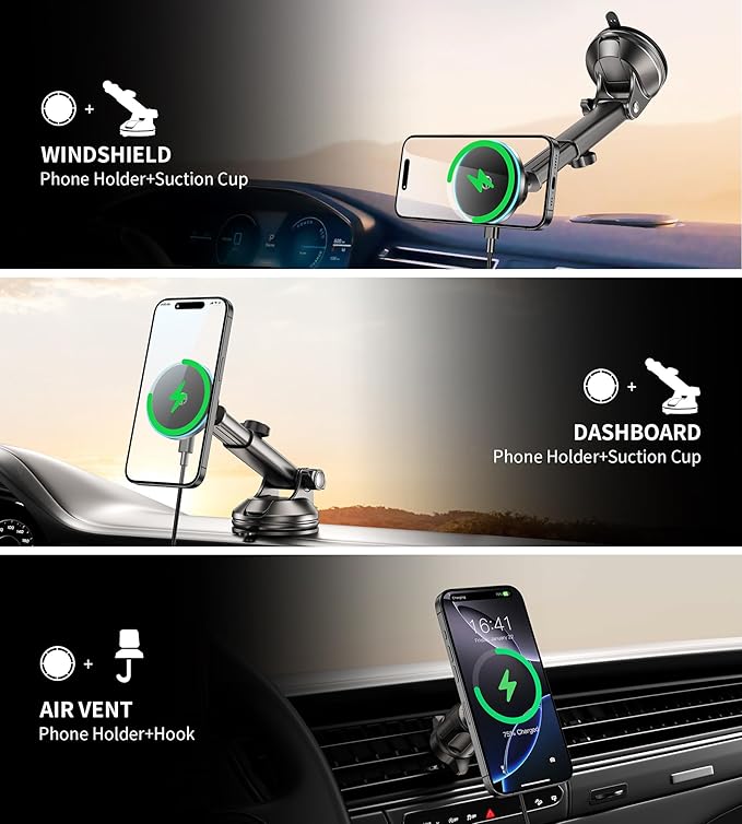for Mag-Safe Car Mount Charger Dash Vent Windshield Wireless Car Charger with LED Light, Strong Magnetic Phone Holder for Car for iPhone 16 15 14 13 12 Series(Cyan)
