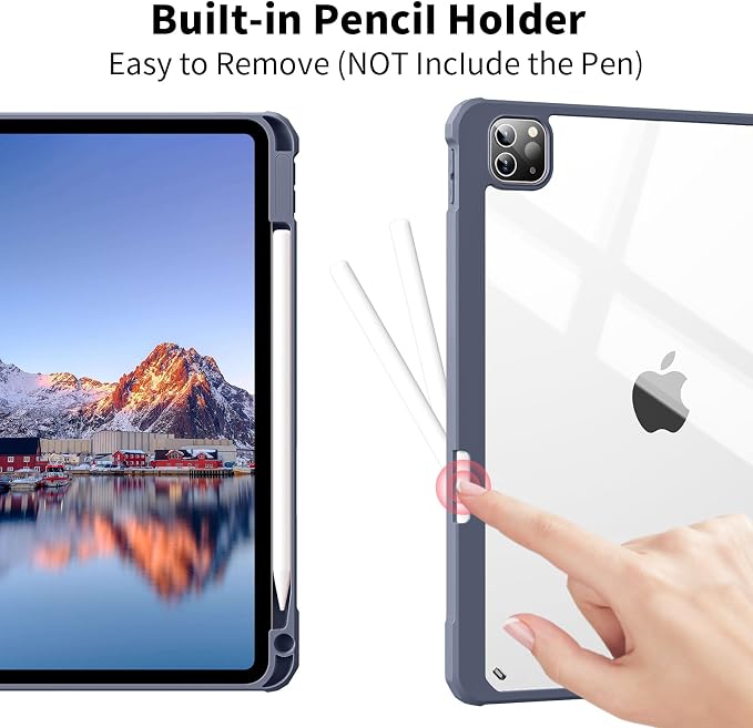 Clear Case for iPad Pro 12.9 inch 6th/5th/4th/3rd Gen 2022/2021/2020/2018 with Pencil Holder Lightweight Shockproof Trifold Stand Transparent Acrylic Back Cover Auto Wake/Sleep Black