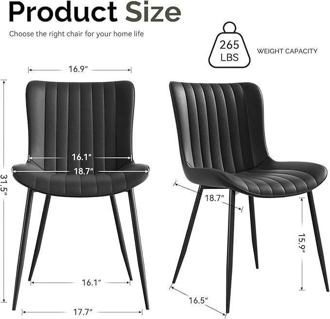 Dining Chairs, Modern Dining Room Chair 16 inch Leather with Wooden and Metal Frame, Set of 2 (Black)