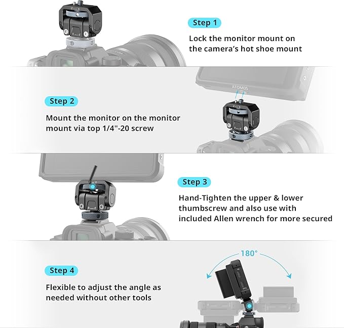 SmallRig Camera Monitor Mount Lite with Cold Shoe, Swivel 360° and Tilt 180° Holder for Field Monitor, LED, Flash and Video Shooting Photography Accessories, Max Load Capacity of 90° Tilt 3.2kg