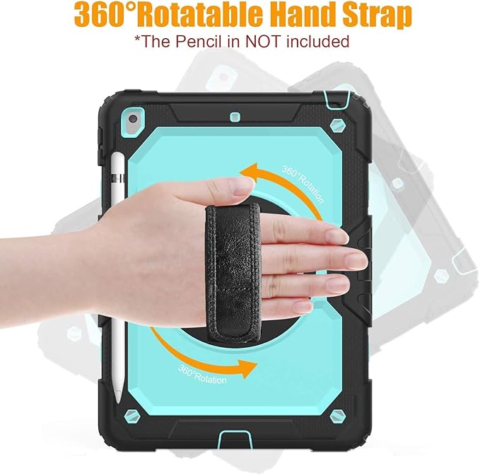 BLOSOMEET Case for iPad 9th/8th Generation 2021/2020 10.2 Inch with Tempered Glass Screen Protector & Pencil Holder,Rugged Kids iPad 7th Gen 10.2 Case 2019 Cover w/Stand Hand Shoulder Strap,SkyBlue