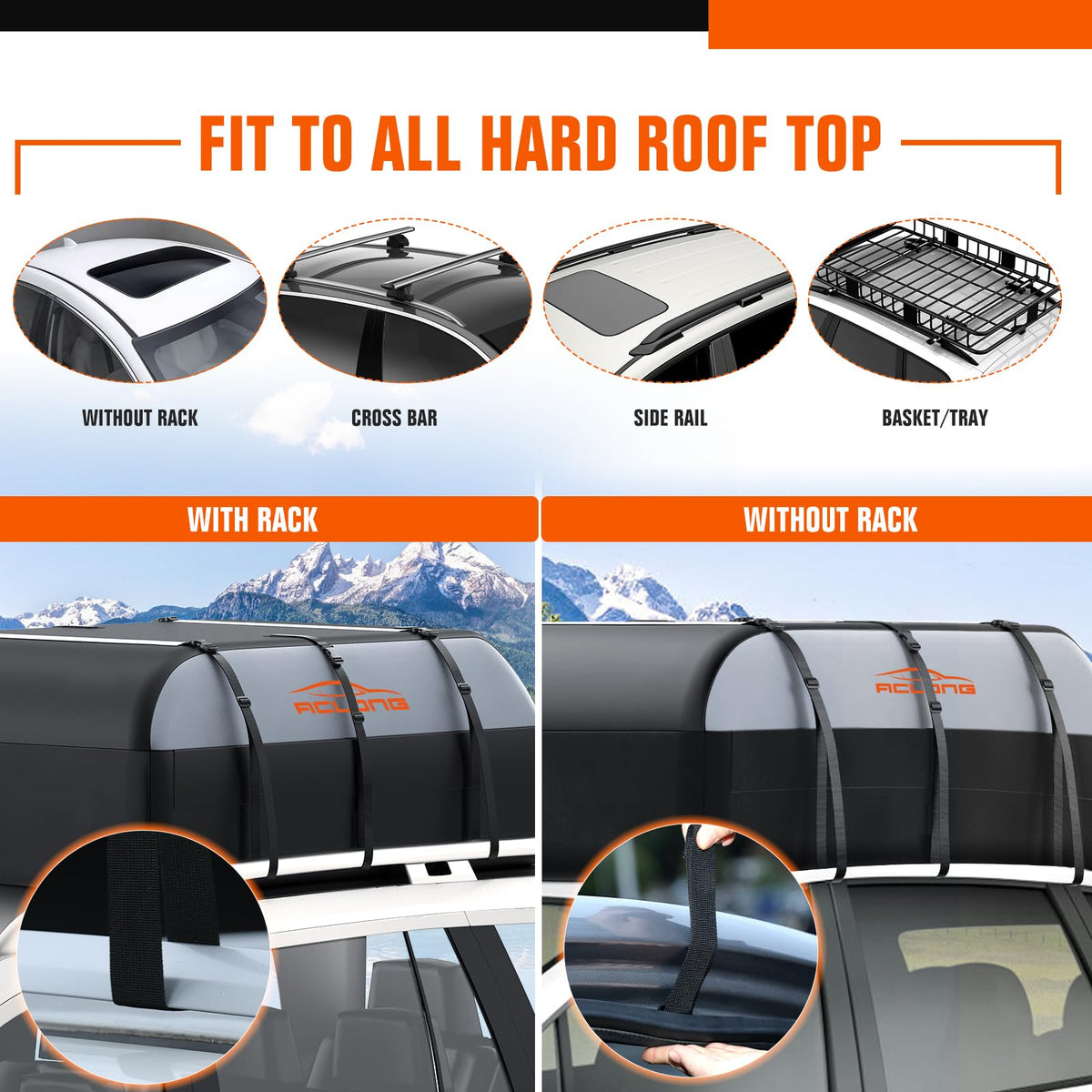 ACLONG 21 Cubic Feet Car Roof Bag 840D Waterproof Rooftop Cargo Carrier Bag for All Cars with/Without Racks Includes Anti-Slip Mat Storage Bag Combination Lock 6 Door Hooks