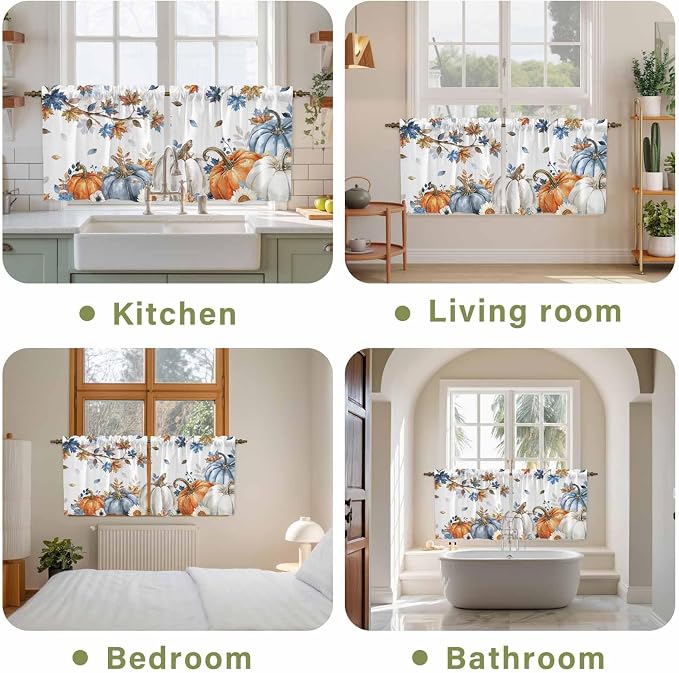 Navy Blue Pumpkin Fall Kitchen Tier Curtains 36 Inch Long 2 Panel Set, Rod