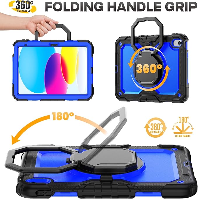 SEYMAC stock Handle Case for iPad (A16) 11th / 10th Gen 11'' /10.9'' Black | Full-Body Drop Protection Shockproof Case Pencil Holder Screen Protector 360 Ring Handle Stand 2025/2022 Released