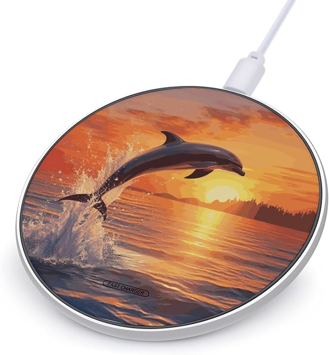 Sunset Dolphin Wireless Charger Portable Fast Charging Pad Lightweight Wireless Charging Pad 10W Slim Charging Station for Phone Charger Mat for Travel Home Office Desk
