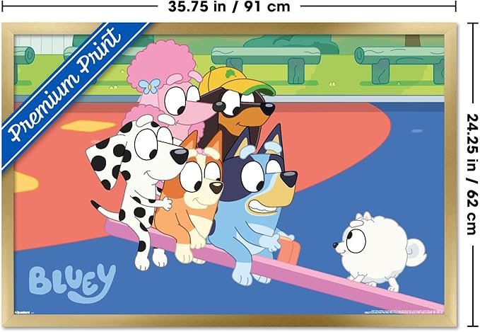 Bluey (2018) - Bluey and Friends See Saw Fun Wall Poster, 34L" x 22.4W", Gold Framed Version