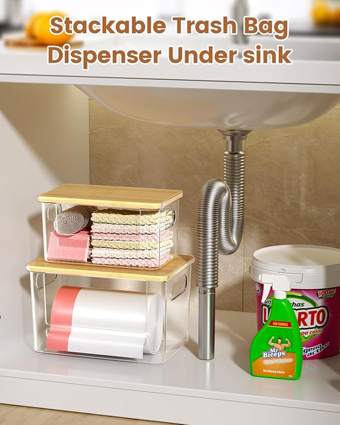 Trash Bag Dispenser 2 Pack (XL+S) - Acrylic Garbage Bags Dispenser with Bamboo Top, Trash Bag Holder Under Sink for Pantry, Kitchen, Laundry Room, Cabinet