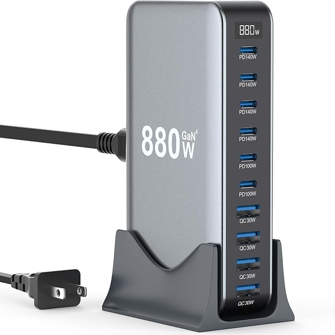 880W USB C Fast Charger Block 10 Port USB Charging Station GaN Ⅳ Pro 140W PD PPS Port for Multiple DevicesLaptop Wall Charger Compatible with DELL HP MacBook ProiPhone17/16 proGalaxy S24.