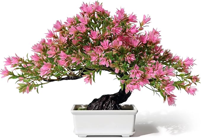 Artificial Bonsai Tree - Fake Plants for Home Decor, Bookshelf Coffee Table Office Desk Bathroom Farmhouse Indoor Decor, 9.5" Tall, Pink
