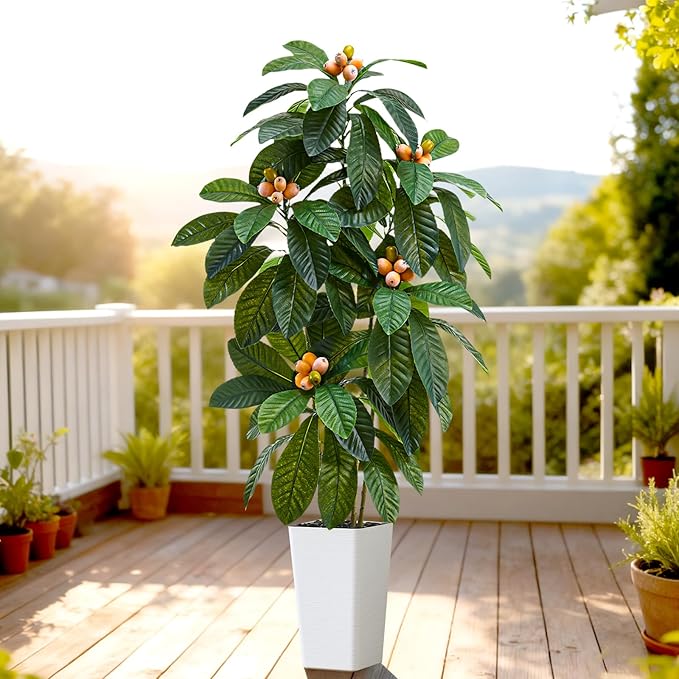 Artificial Loquat Tree：Faux Tree Realistic Fake Tropical Fruit Plant Large Silk Floor Plants with Lifelike Fruits&Pot for Home Decor Indoor Outdoor Room Office Patio Balcony(5FT,1-Pack,White)