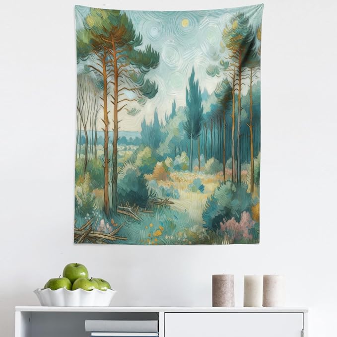 Ambesonne Forest Tapestry, Trees Bushes Sky with Dramatic Brush Stroke Effects Post-Impressionism, Fabric Wall Hanging Decor for Bedroom Living Room Dorm, 23" X 28", Cadet Blue Green Amber