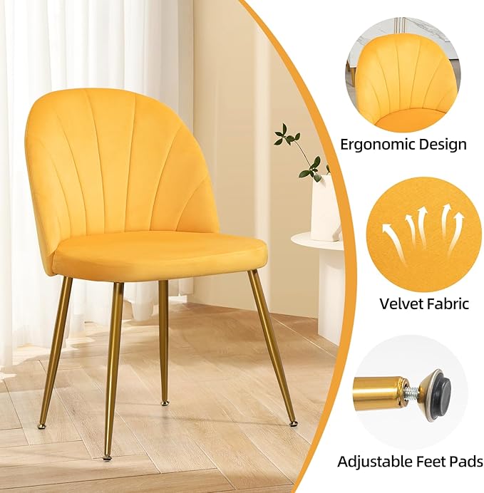 Velvet Dining Chairs Set of 2, Upholstered Mid Century Modern Dining Chairs, Armless Accent Chair with Metal Gold Legs for Living Room, Kitchen, Dining Room, Yellow
