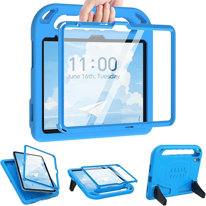 TIRIN Kids Case for iPad A16 11th Generation 2025/iPad 10th Generation 2022 with Built-in Screen Protector Shockproof Handle Stand iPad Case for Kids Black