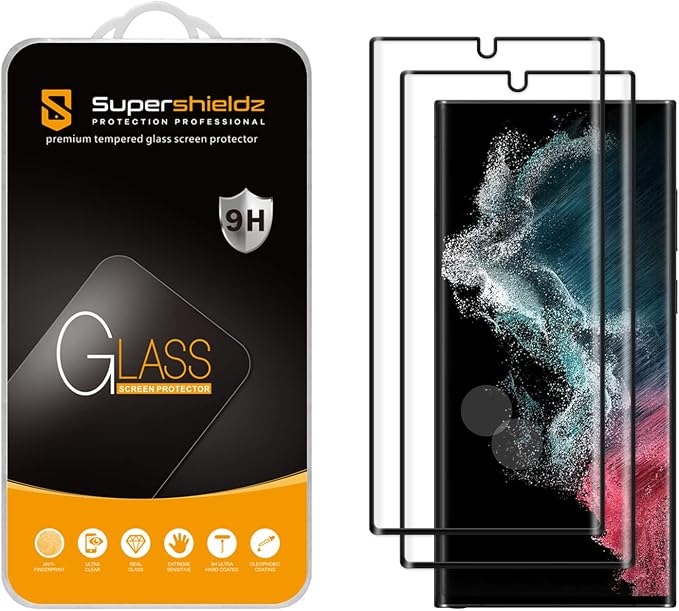 Supershieldz (2 Pack) Designed for Samsung (Galaxy S22 Ultra 5G) Tempered Glass Screen Protector (3D Curved Glass) Anti Scratch Bubble Free (Black)