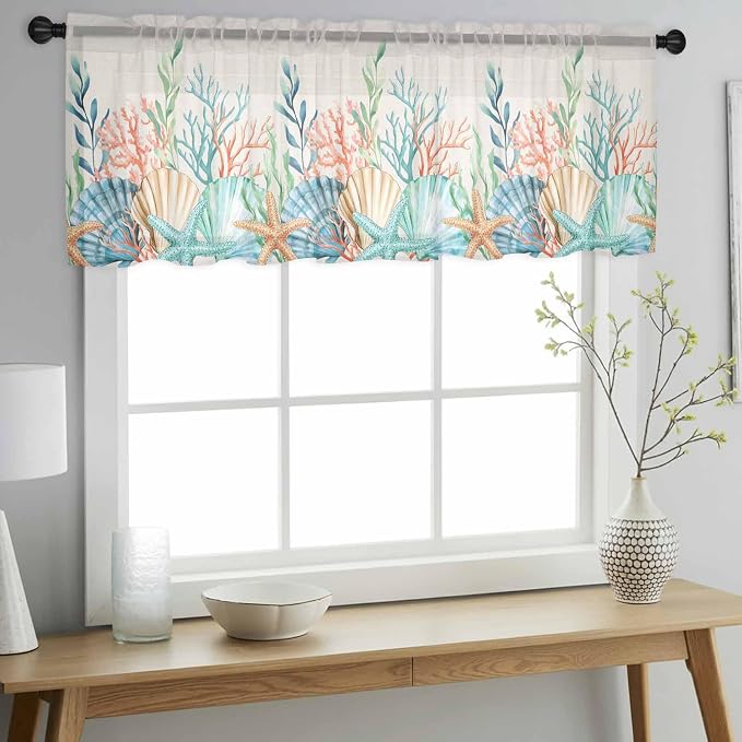 Summer Beach Sheer Valance Curtains, Ocean Colorful Coral Shell Seaweed