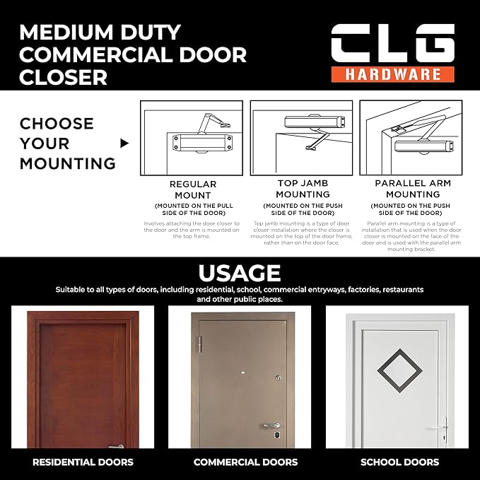 CLG HARDWARE DC6003 Medium Duty Commercial Door Closer - Surface Mounted, Automatic Door Closer, Cast Aluminum,UL 3 Hour Fire Rated, Size 3 for Residential & Light Commercial Doors - US19 Matte Black