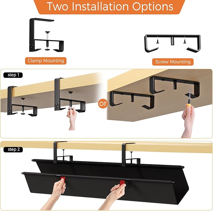 Under Desk Cable Management Tray - 36" Cord Organizer for Desk No Drill, Fabric Under Table Wire Organizer with 16X Cable Ties Hide for Office/Home, Cord Hider Fits Adapters & Sockets, Black