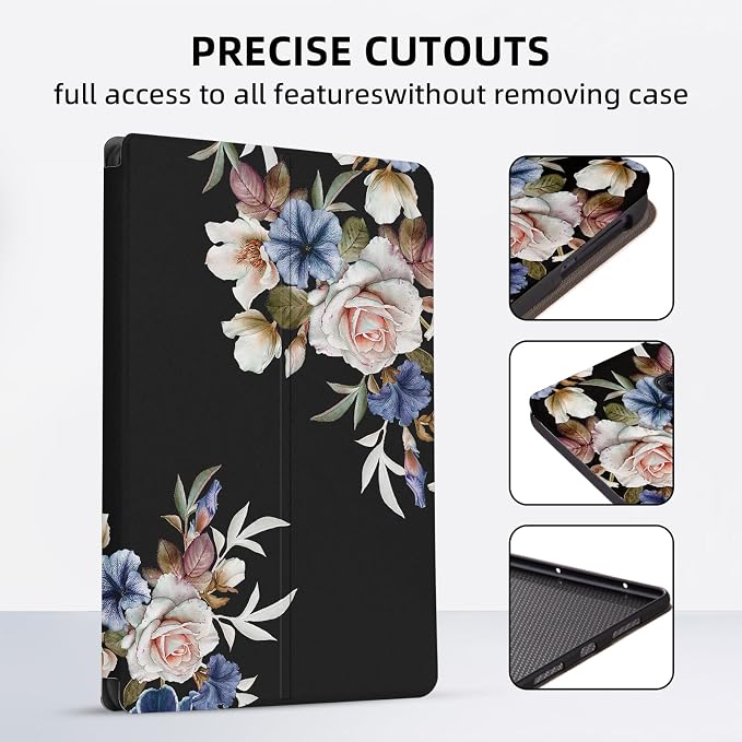 Premium PU Leather Cover for Samsung Galaxy Tab A 10.5 Inch 2018 Model SM-T590/T595/T597 Shockproof Protective Case with Folding Stand and Auto Wake/Sleep Black Flowers