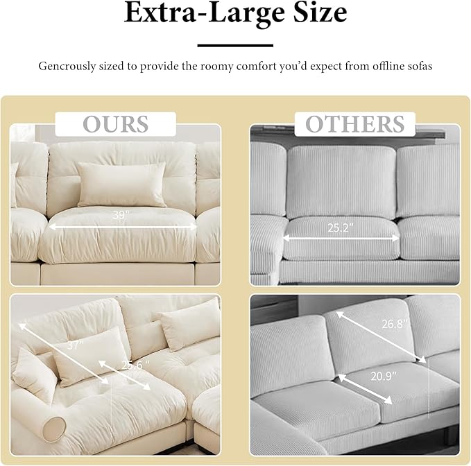 93.7” Loveseat Sofa, 2 Seater Modular Sectional Sofa, Beige White Large Sectional Couches for Living Room, Fluffy Couch Set, Love Seat, Velvet Cloud Couch with 4 Pillows, Deep Seat for Living Room