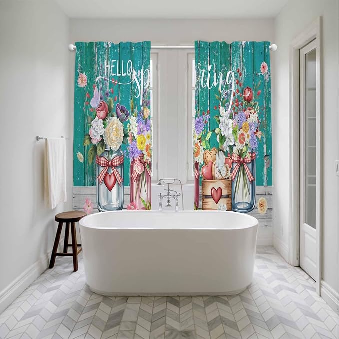 Spring Flowers Kitchen Curtains, Farmhouse Watercolor Teal Wood Grain Light
