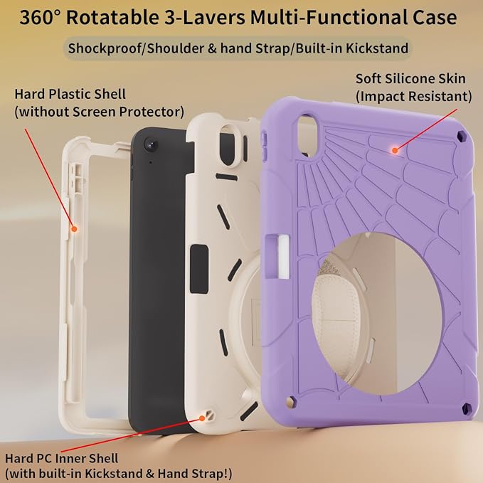 for iPad (A16) 11th/10th Generation Case 2025/2022 (11″/10.9″) Sturdy Heavy Duty Full-Body Shockproof Protective Case Rotating Stand Hand/Shoulder Strap (Black)