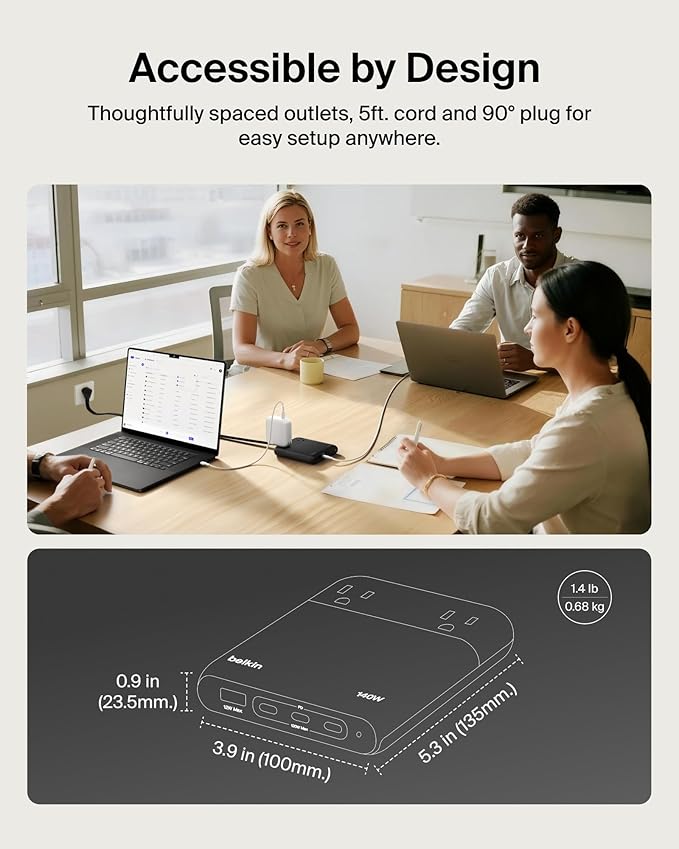 Belkin 2-Outlet GaN Charging Station 140W, USB C Charger w/ 2X AC Outlets, 3X USB C Ports, and 1x USB A Port - Power Strip for iPhone, Apple Watch, iPad, MacBook, Chromebook, Galaxy, Pixel, & More