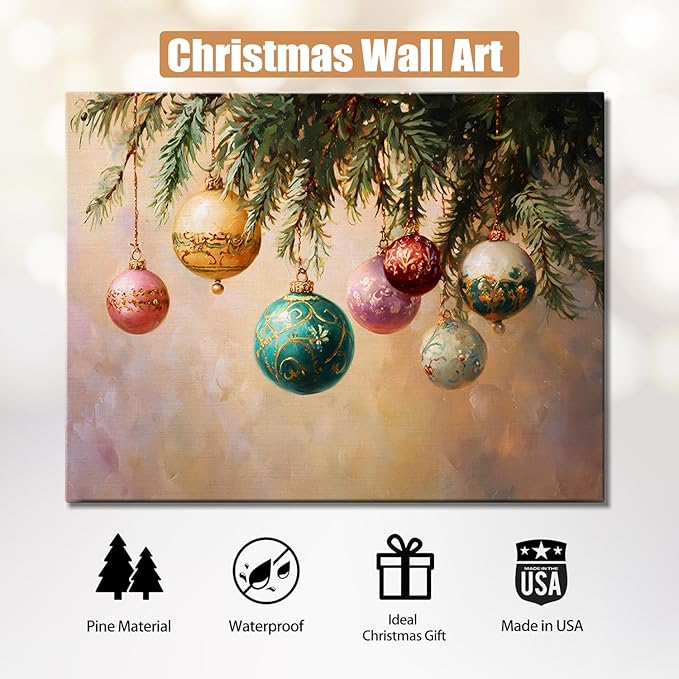 Vintage Holly Garland Christmas Canvas Wall Art - Rustic Christmas Wall Decor Framed Canvas Prints for Living Room & Office, Timeless Christmas Gifts & Winter Wall Decor