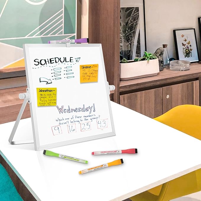 Dry Erase Magnetic White Board, 10" x 10" Double-Sided Desktop Whiteboard with Stand, Portable Small Whiteboard Set for Drawing, Office, Home