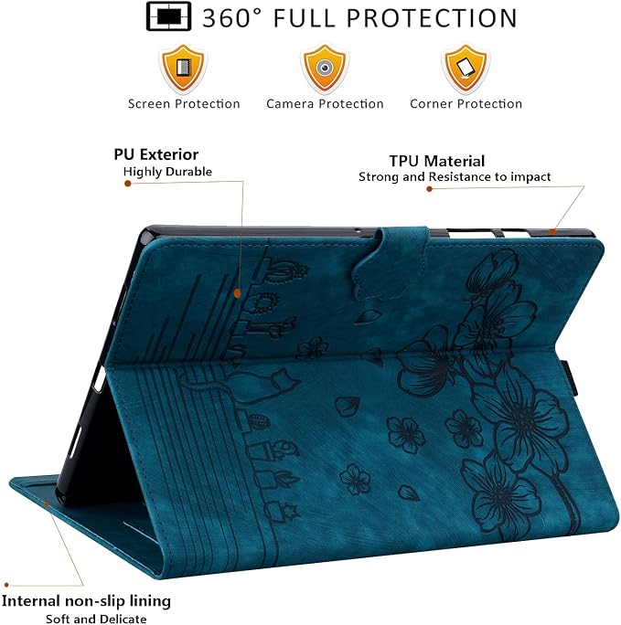 Dteck Case for Samsung Galaxy Tab S9 FE+ Plus 5G Tablet Case 12.4 2023 with Pencil HolderPU Leather Embossed Flower Cat Folio Multi-Angle Viewing Stand Shockproof Protective Tablet 12.4 CoverBlue