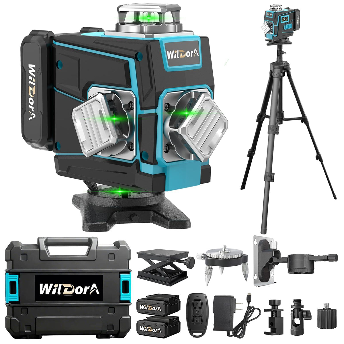 Wildora Laser Level with Tripod, 4x360° Self Leveling ±4° Laser Level, Remote Control 4D Green 16 Line Laser Leveler Tool for Woodworking&Renovation, with 2x4800mAh Li-ion Batteries&Hard Carry Case