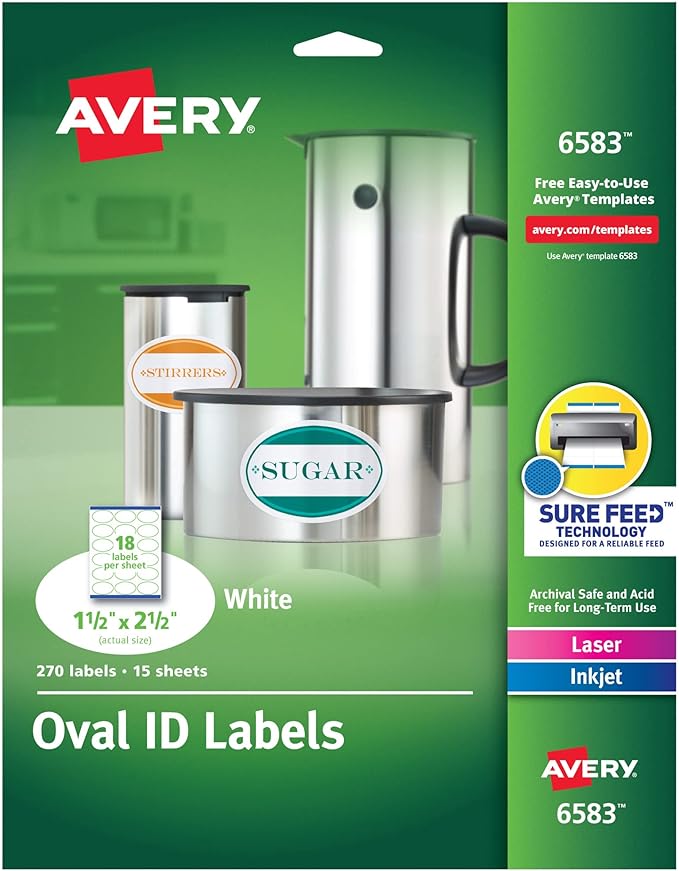 Avery Easy Peel Oval ID Labels, Sure Feed, Print to Edge, Perm Adhesive, 1.5" x 2.5", 270 Ct (6583)