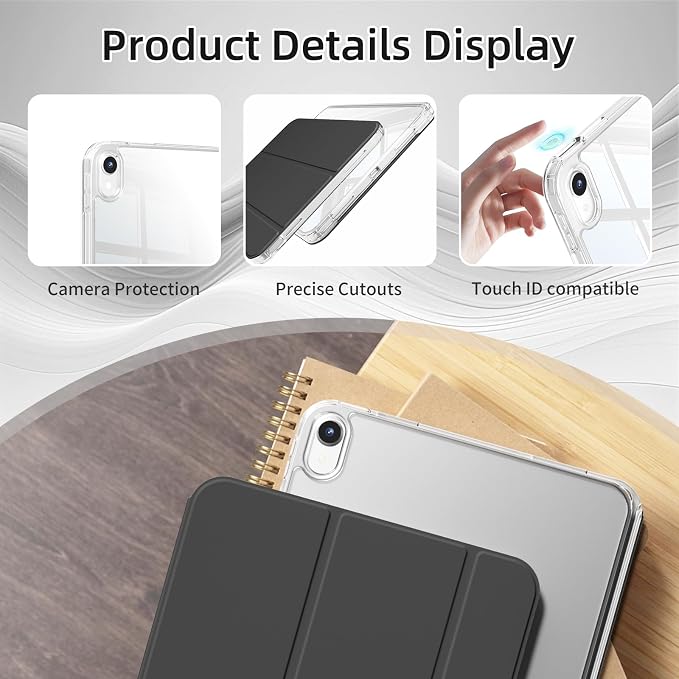 Detachable Case for iPad A16 11th Gen 11/10th Gen 10.9 Black | Slim Transparent Shell Back Soft Shockproof TPU Frame Without Pencil Holder Auto Sleep/Wake