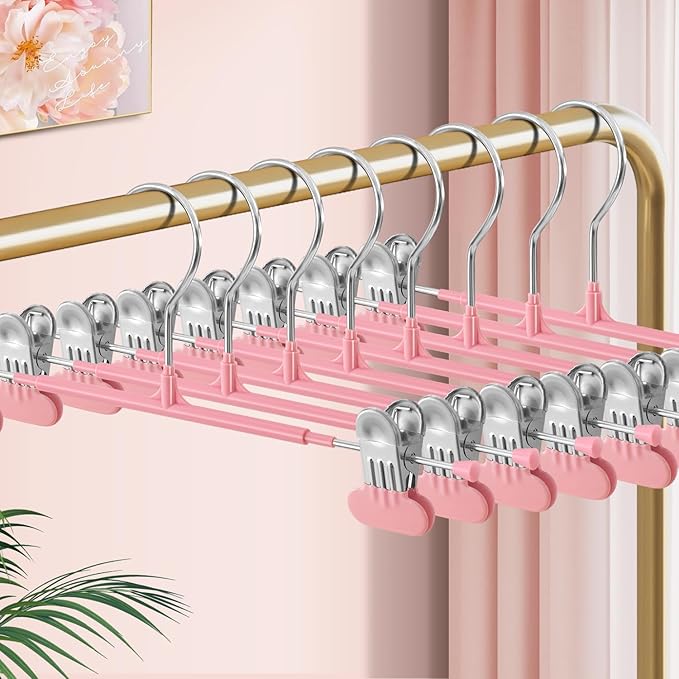 Clothes Pants Hangers with Wide Clips 10 Pack,Non-Slip Adjustable Skirt Hanger for Women,Space-Saving Heavy Duty Men Hangers for Pants,Trousers,Jeans,Shorts 12Inch Pink