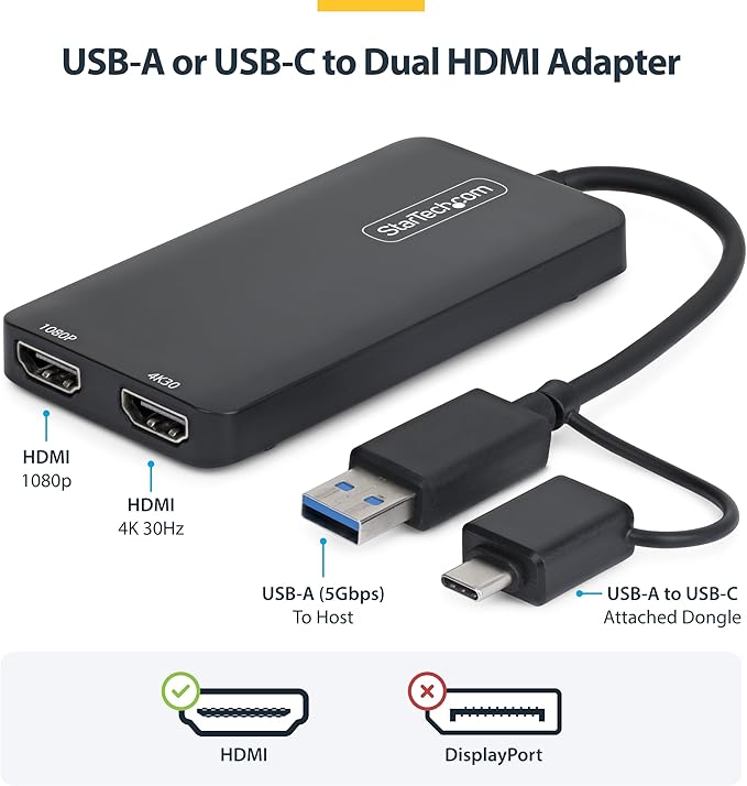 StarTech.com Dual Monitor Adapter for M1/M2/M3/M4 macOS Systems, Windows, ChromeOS. Thunderbolt, USB 3.0 or USB-C HDMI Splitter Extended Display, 4K30 Output 1 & 1080p Output 2, (107B-USB-HDMI-2)