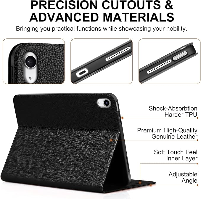 Genuine Leather Case for iPad 11th Gen 11(2025/A16)/10th Gen 10.9 | Slim Protective Cover with Adjustable Stand Auto Wake/Sleep Premium Leather Black