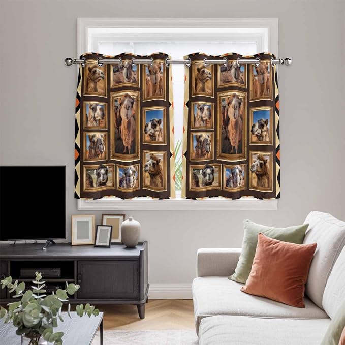 2 Panel Kitchen Cafe Curtains, Wildlife Camels Sunlight Filtering Nature Air
