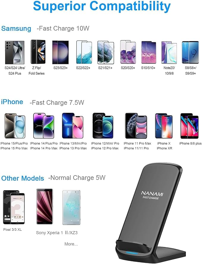 Wireless Charger PadNANAMI Fast Wireless Charging Stand &amp Charging Pad Set Compatible with iPhone 15/14/13/12/Pro Max/Mini/11/AirPods Pro for Samsung Galaxy S24/S23/S22/S21/S20/Note 20
