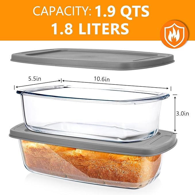 BAKEWAY Jambear Glass Loaf Pans for Baking Bread with Lids 2 Set - 1.9 Qt Glass Loaf Pan | Oven, Dishwasher, Fridge, Freezer & Microwave Safe, Bread Pan Suit for Lasagna, Meatloaf, Banana