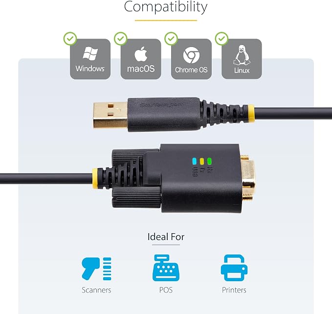 StarTech 10ft USB to Serial Adapter Cable FTDI IC (1P10FFC-USB-SERIAL) | USB-A to DB9 RS232 Interchangeable DB9 Screws Nuts COM Retention LED Indicators