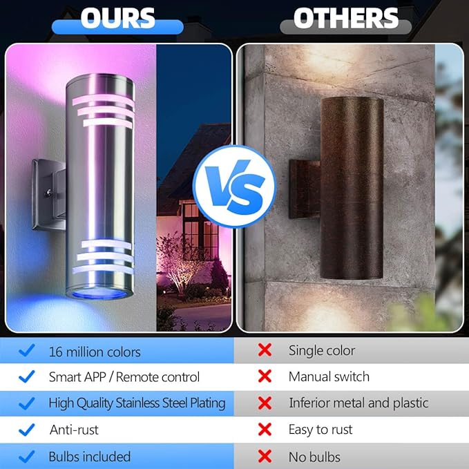 SHIMR Smart RGB Outdoor Wall Lights, WiFi LED Color Changing Exterior Sconce, APP Control Stainless Steel Porch Light Fixture with Remote for House Garage, No Hub Required Compatible with Alexa
