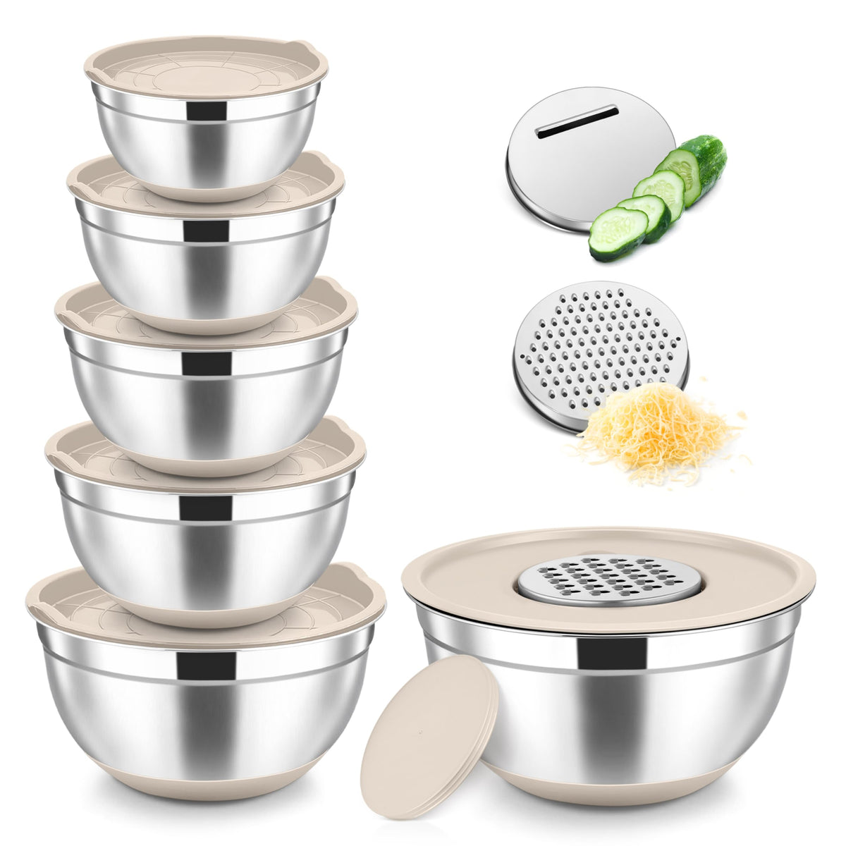 TeamFar Mixing Bowls, Stainless Steel Salad Bowl with Lid & Graters -Blue