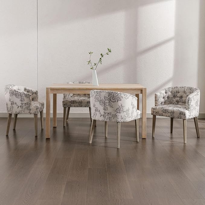 DUOMAY Modern Tufted Dining Chairs Set of 8, Linen Upholstered Side Chair, Comfy Accent Barrel Chair with Wood Legs for Home Kitchen Dining Room Living Room Restaurant, Beige Flower Pattern