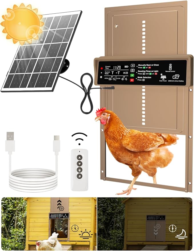 Asfrost Automatic Chicken Coop Door Solar Powered Automatic Chicken Door with Timer & Light Sensor, Anti-Pinch, Durable Aluminum Auto Chicken Door, Charge with 7W Solar Panel & USB - Brown