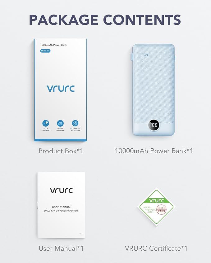 VRURC Portable Charger Power Bank Built-in Cables and AC Wall Plug | USB C Portable Bank 10000mAhTravel Essentials Phone Charger Compact External Battery Pack for Smart PhonesTablets-Black