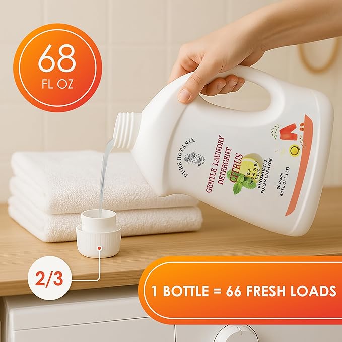 Citrus Organic Plant- Based Laundry Detergent 68 Fl Oz | 66 Loads, Natural Hypoallergenic Non-Toxic Soap for Sensitive Baby Skin. Concentrated Enzyme Stain Remover, Sulfate Free