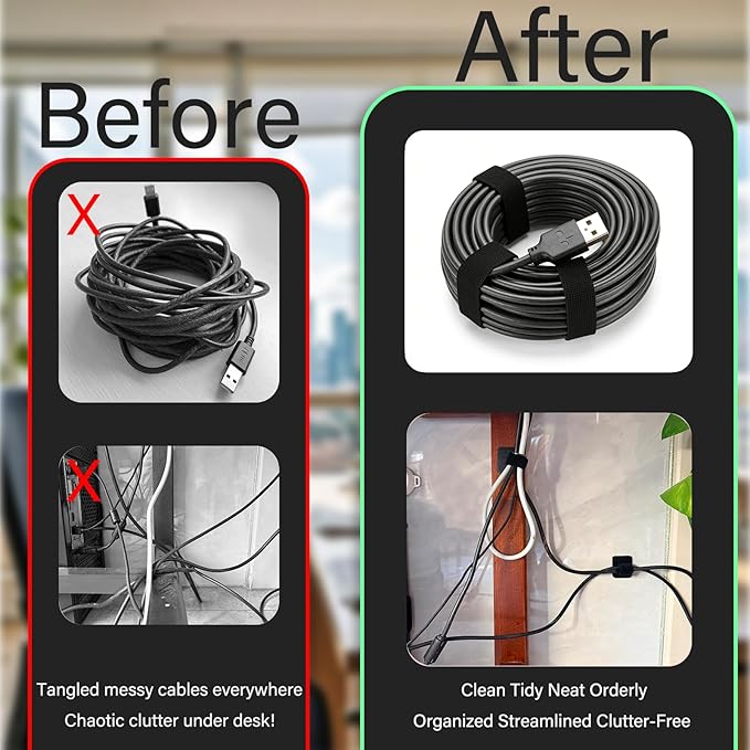 Under Desk Cable Management, Adjustable Hook and Loop Cord Ties, Reusable Wire Organizer, Low-Profile Cable Hider for Cord Management System (15)