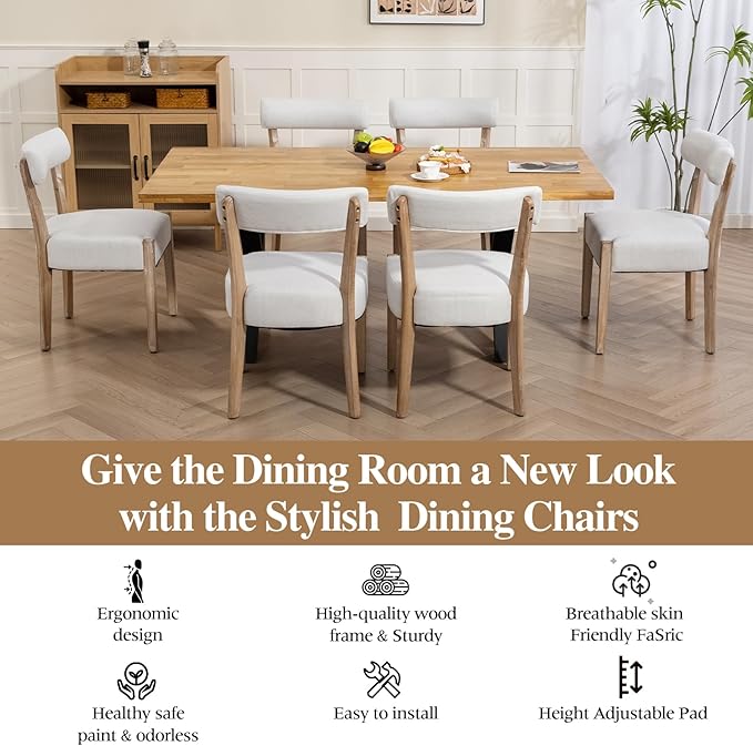 Dining Chairs Set of 6,Mid Century Modern Dining Chair Set - Linen Upholstered Low Back Kitchen & Dining Room Chairs with Woven Design,Beige Fabric