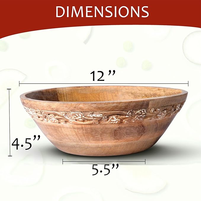 Mela Artisans Wooden Fruit Bowl – Whitewash Finish | Large 12” Mango Wood Serving Bowl with Felt Pads | Decorative bowl | Multipurpose Countertop Bowl for Breads | Salad | Fruit & More