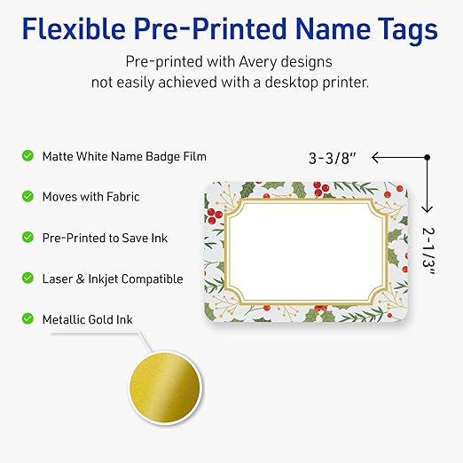 Avery Printable Christmas Adhesive Name Badges, Rectangle, 2-1/3" x 3-3/8", Pre-Printed Light Blue Border with Metallic Gold Frame Design, Matte White, Laser & Inkjet Compatible, 80 Total